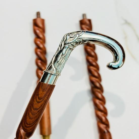 Personalized Twisted Wood Walking Cane: Silver Handle, Engraved Folding Stick Home Decor