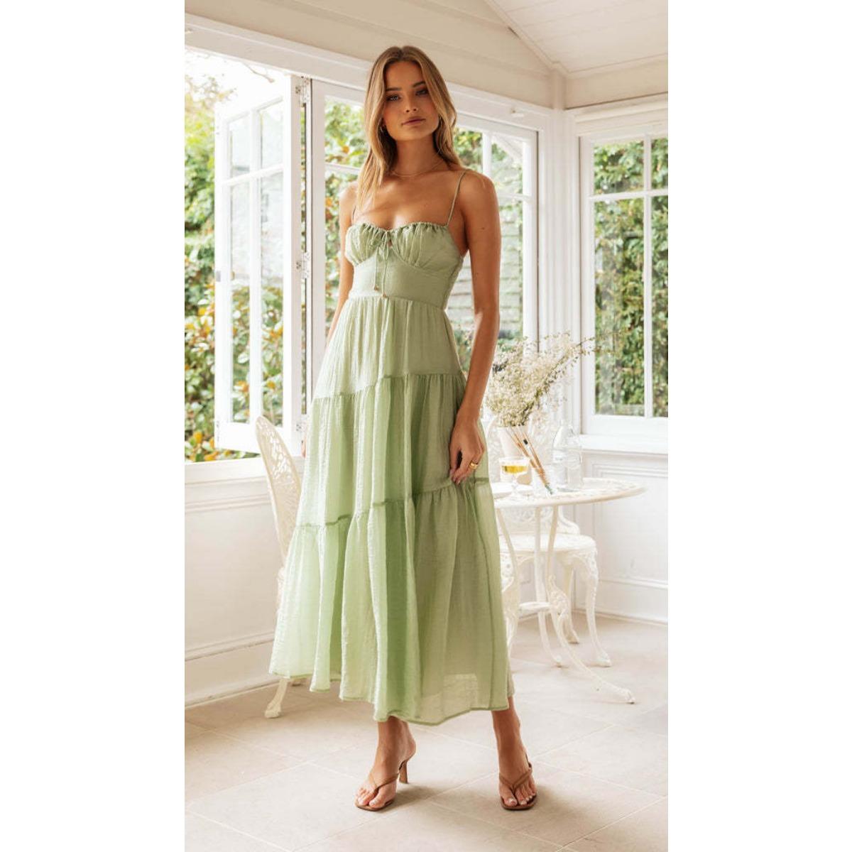 Women s Spaghetti Strap Sleeveless Midi Dress Loose Fit Mid Waist Elegant Tiered Flowy Dress S зелёный