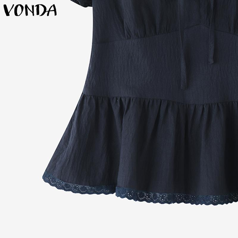 VONDA Summer Women Lace-up V Neck Puff Sleeve Ruffled Casual Blouse
