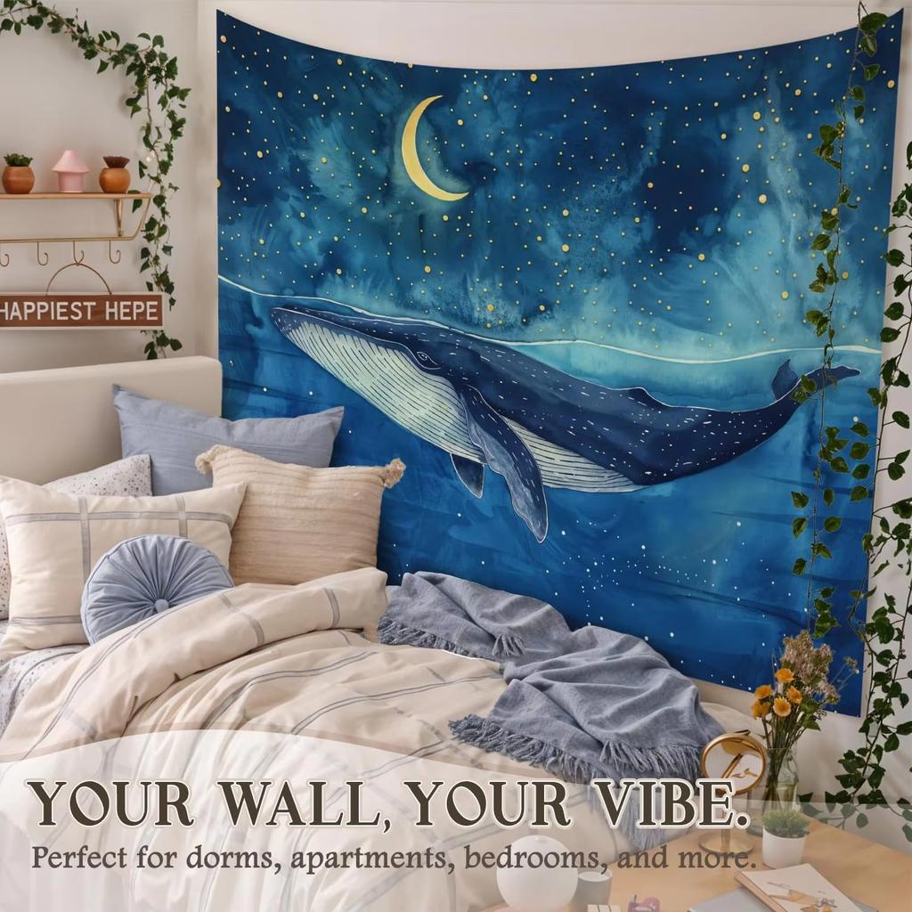 Whale Ocean Starry Night Tapestry, Blue Sea Wall Art For Kids Bedroom Nursery Dorm Home Decor