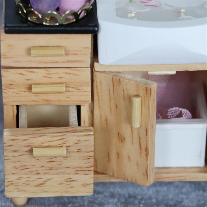 1/12 Scale Dollhouses Bathroom Sink Cabinet Miniature Wood Vanity Furniture for Creative Role Playing and Scene Display