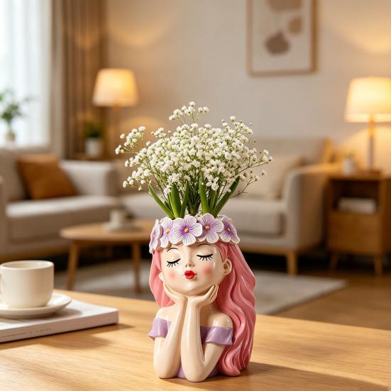 Small Fairy Head Planter Resin Girl Face Flower Pot Cute Cactus Pot for Balcony Yard Garden Desk Decor Gift for Women