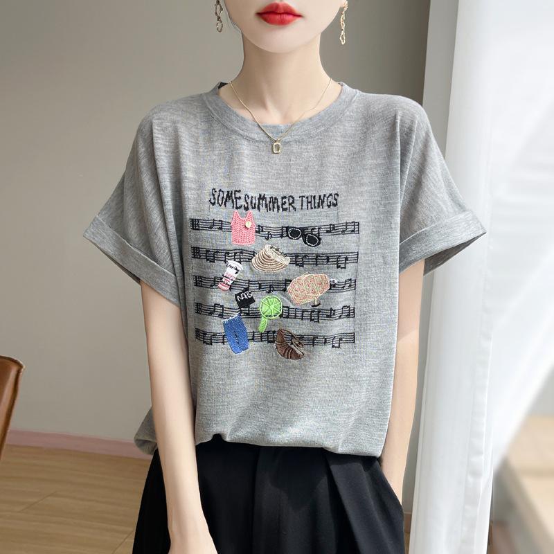

Летняя новая футболка с надписью, круглым вырезом и короткими рукавами, универсальная, и тонкий базовый топ XL серый