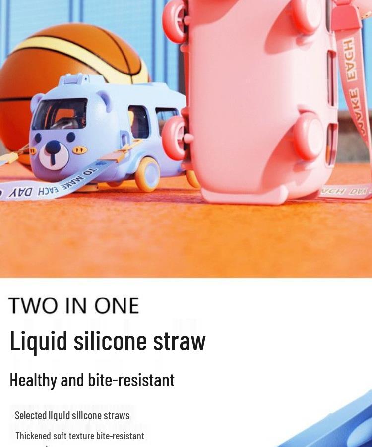 Children's Cartoon Bus Straw Cup for Kindergarten & School