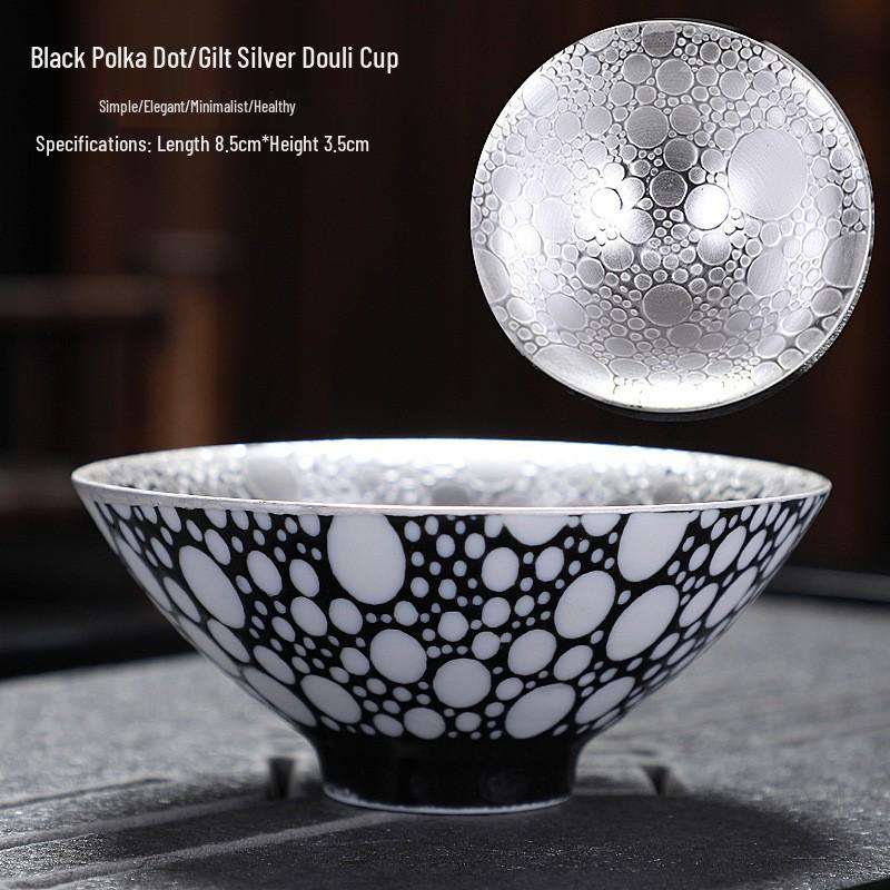 Handmade 999 Sterling Silver Gilded Jianzhan Tea Cup with Inlaid Blue and White Mushroom Cap Design for Kung Fu Tea Set.