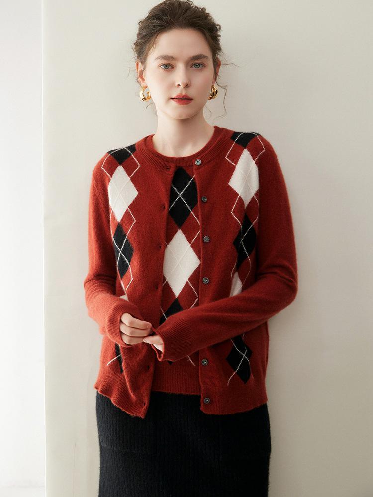 Women's Knitted Cashmere Diamond Pattern Sleeveless Vest - Autumn Winter Loose Fit Shawl Style Wool Outerwear.