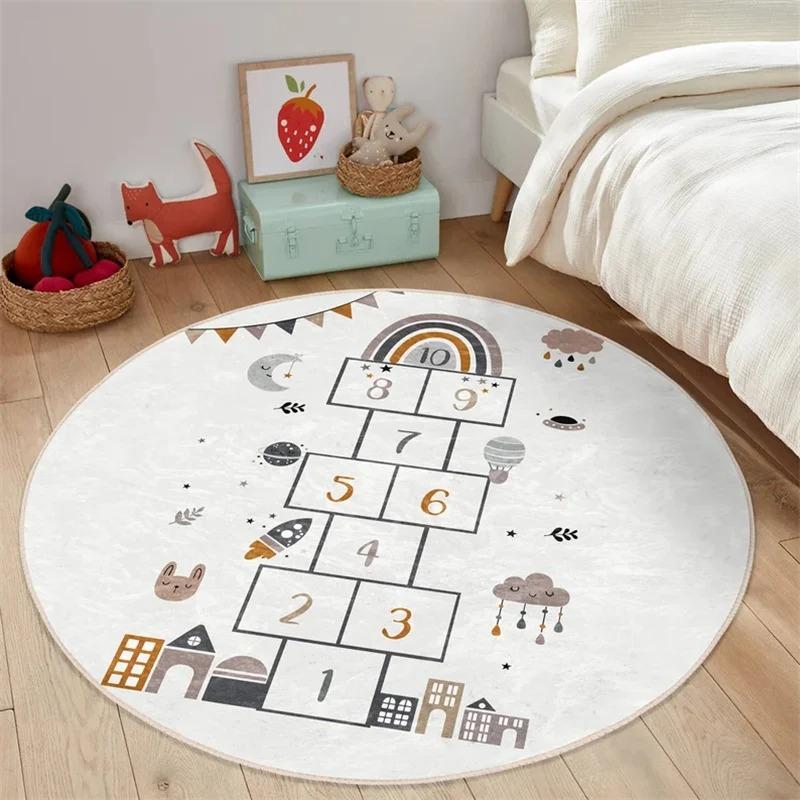 

Boy Round Hopscotch Floor Animal Non-Slip Round Rug Play Area Mat Beige Children Room 60cm