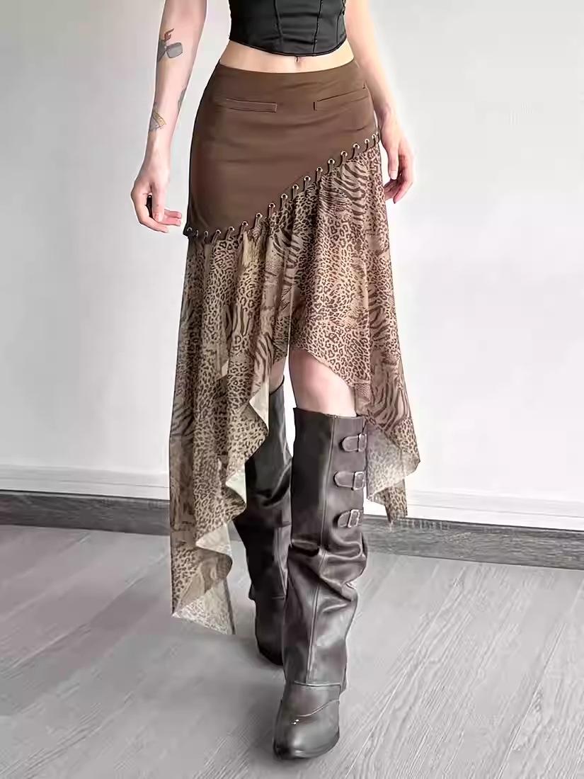 Retro Ethnic Color Block High Waist Patchwork Skirt - Irregular Slimming Mid-Length M (50-55 kg) верблюд