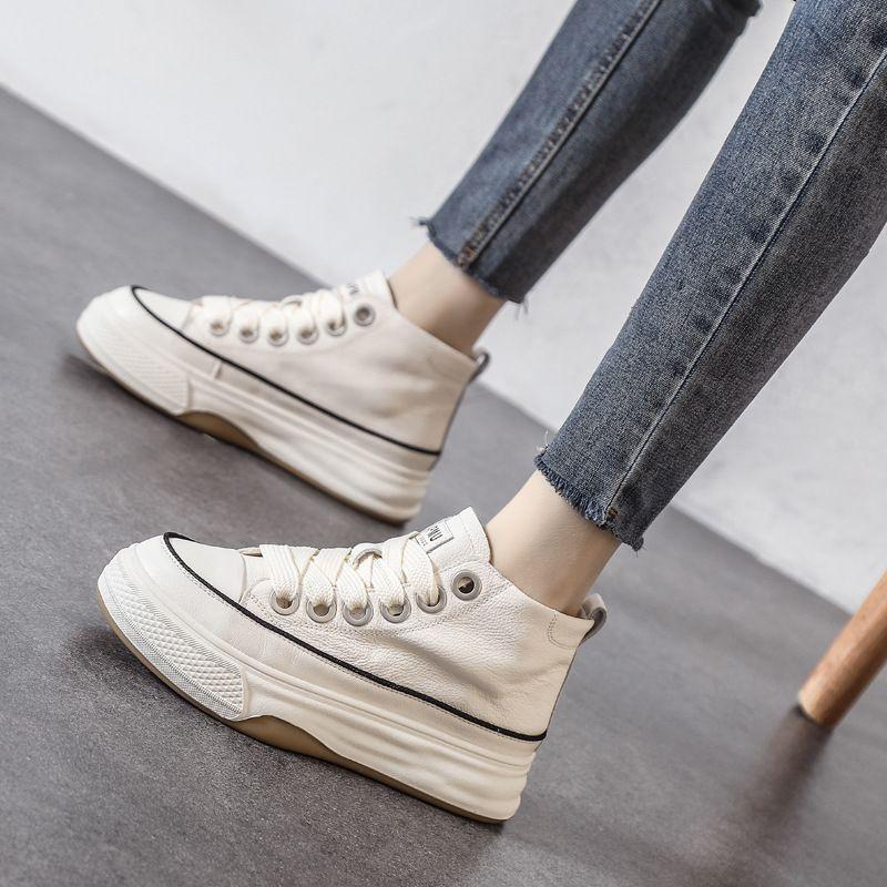 First-layer Cowhide Little White Shoes Women's Board Shoes New White Muffin Thick-soled High-top Casual Women's Shoes