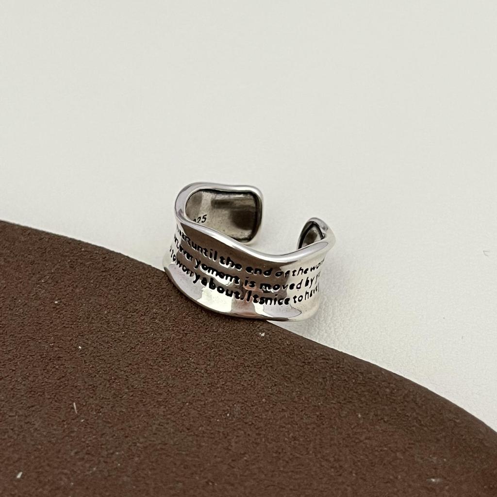 Retro Distressed Carved Letter Ring: English Quote Open Wave Design, Artistic Fashion for Women