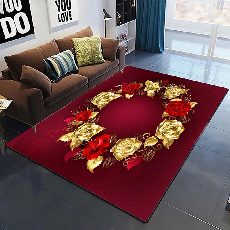 Goldene Rose Blumenteppich Für Zuhause Schlafzimmer Wohnzimmer Sofa Tisch Dekor Weicher Teppich Küchenbodenmatte 3D-Druck Blumenmuster Fußmatte