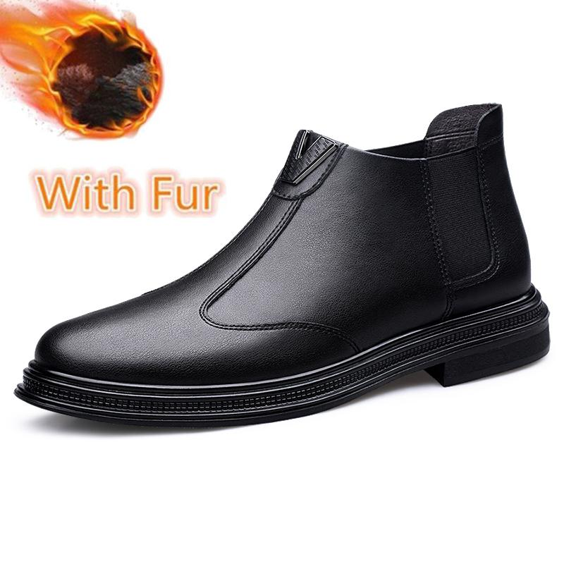 FashionGenuine Leather Men's Chelsea Boots Comfort Slip on Ankle Boots Fashion Elegantes Business Footwear Warm Plush Fur Winter Botas