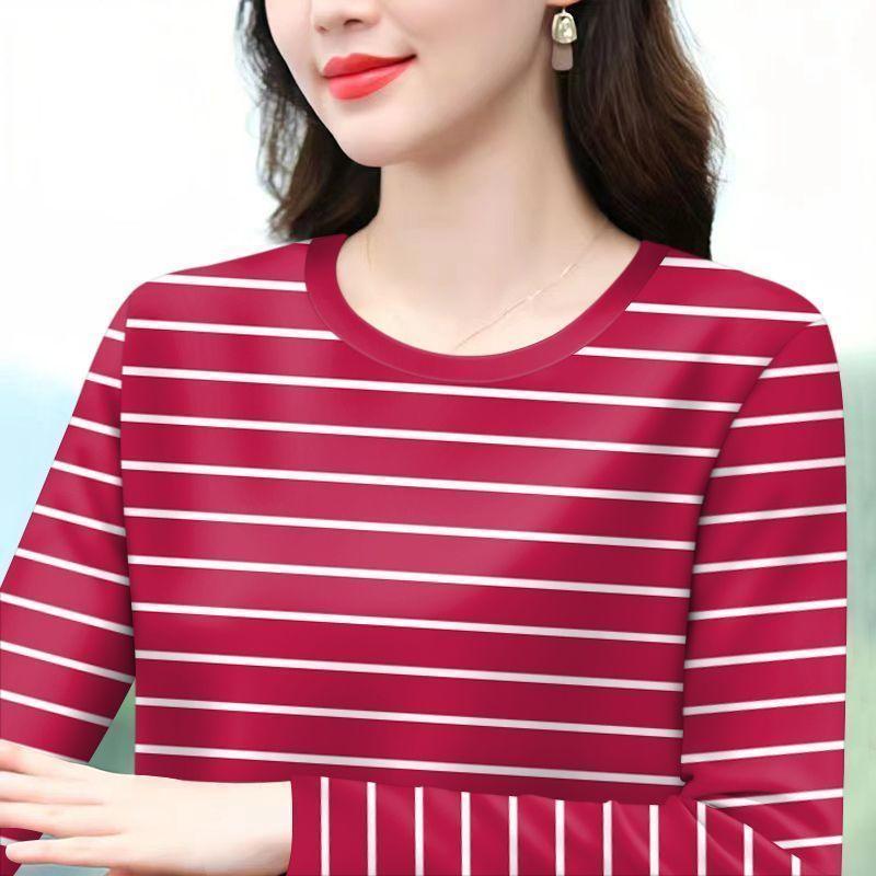 Round Neck Striped Long-sleeved T-shirt Women's Autumn Loose Korean Style Large Size Middle-aged Mother's Wear Fashionable New Style Top