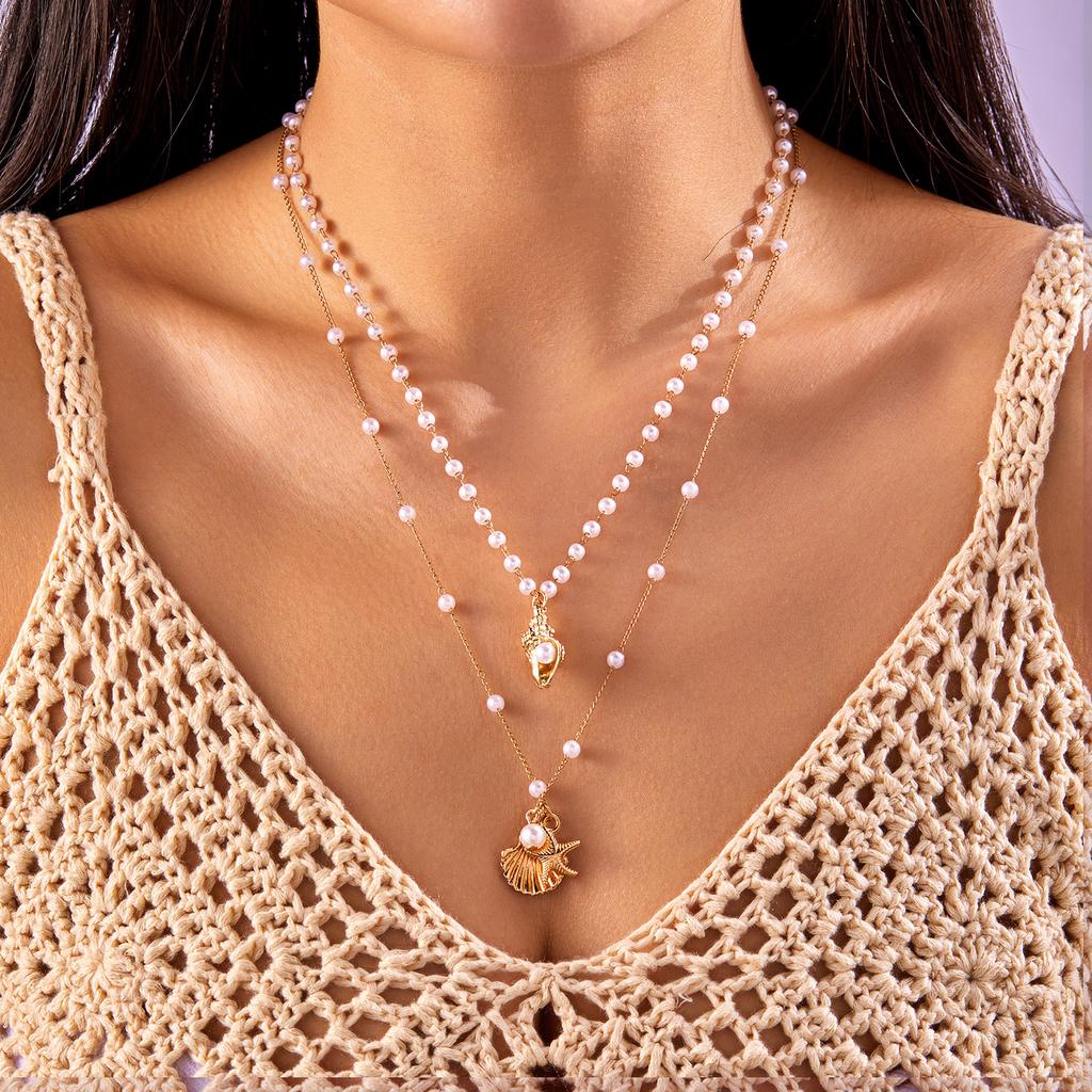Ocean Style Imitation Pearl Starfish Shell Necklace for Women Trendy Conch Flower Pendant Necklace Beach Jewelry Vacation Gift