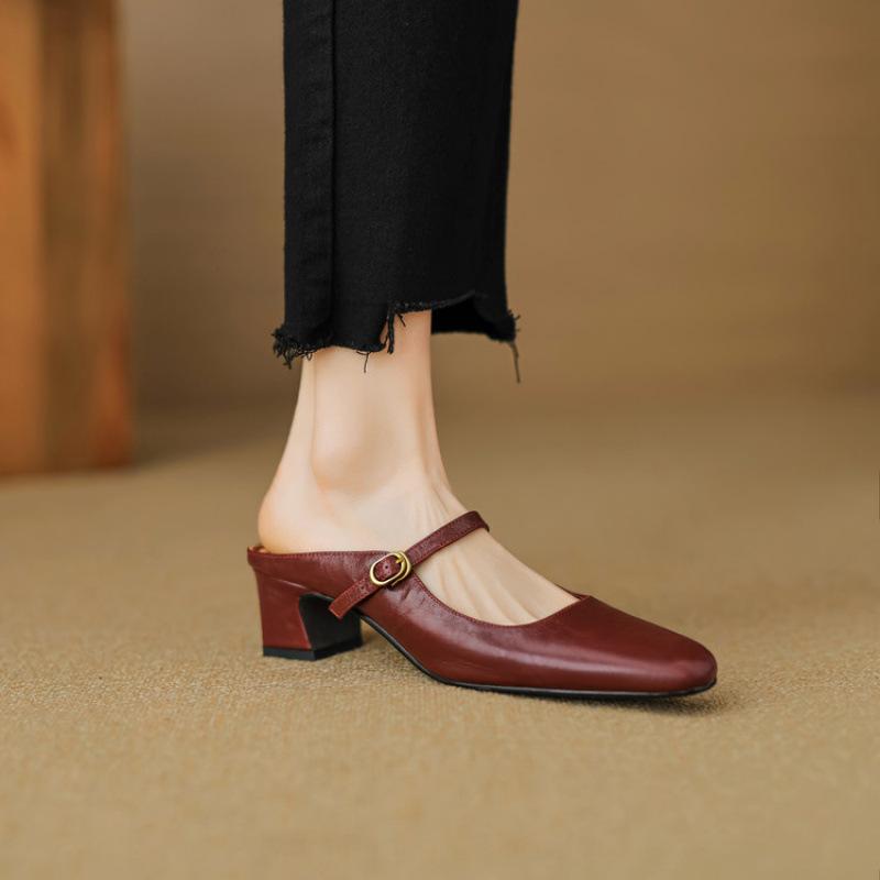 Summer women's bag head slippers comfortable high-heeled slippers set feet leather beef tendon bottom sandals square head new half-drag women