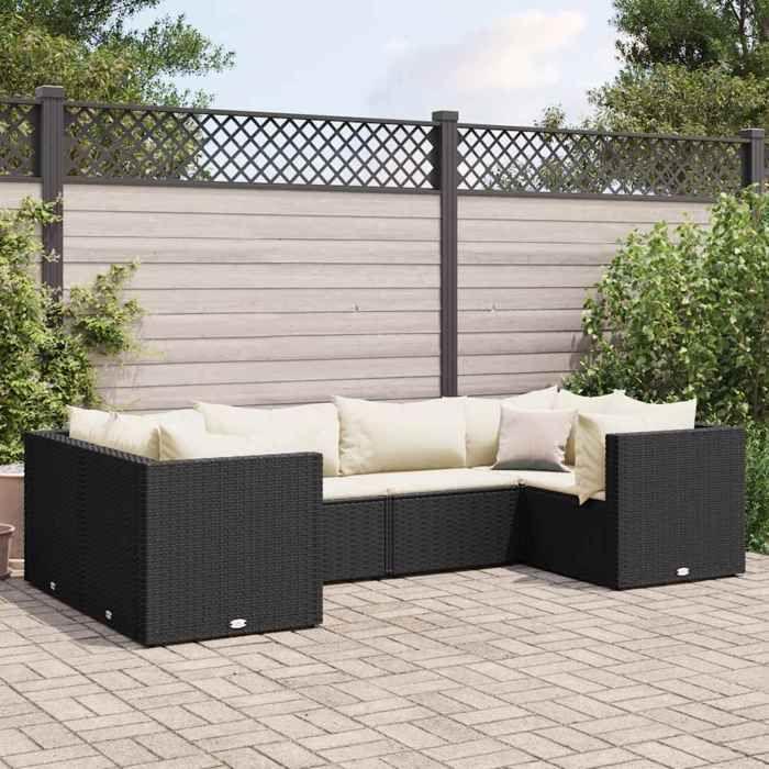 VidaXL Salon de jardin 6 pcs avec coussins Noir Résine tressée, ensemble de canapés d'extérieur, canapé d'angle de jardin 3308248
