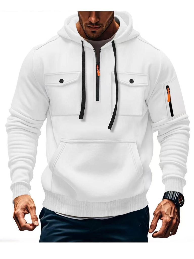 Men's Multi-Pocket Fleece Lined Hoodie Jacket - Casual and Versatile for Autumn/Winter
