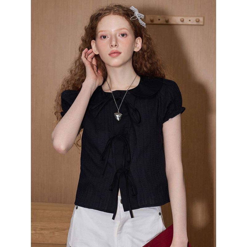 Coolhut Flower Bud Sleeves with Ruffled Edges and Bow Tie Collar 2025 Summer Women's Shirt Short-Sleeved Cardigan Top Cotton