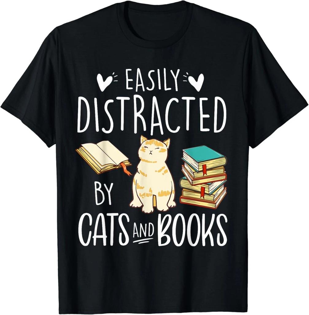 Easily Distracted by Cats and Books Tee Gift Unisex T-Shirt