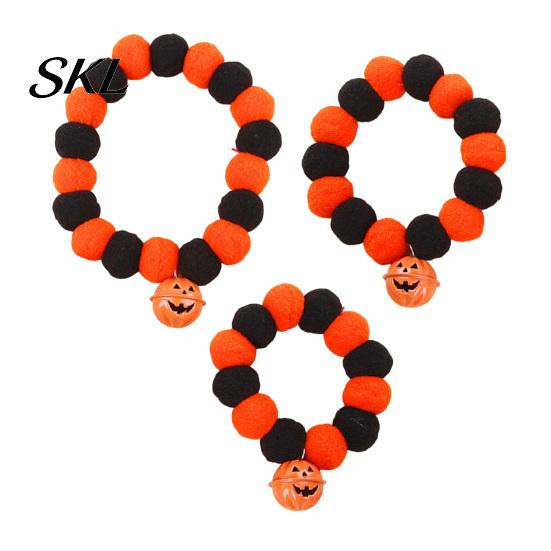 Stretchy Pet Collar Halloween Pom-Pom Collar, Cute Stretch Cat with Pumpkin Festive Bell, Soft Black Orange Pom-Poms for Cats Small Dogs Plush Pom-pom