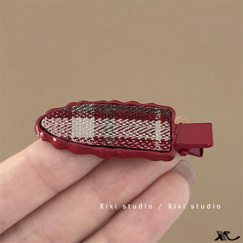 Charming Red Cherry Angora Plaid Side Hair Clip