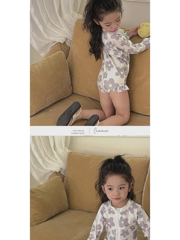 Stylowy strój kąpielowy dla dziewczynek z długim rękawem w kwiatowy wzór z ochroną przeciwsłoneczną na wakacje na plaży lub w gorących źródłach