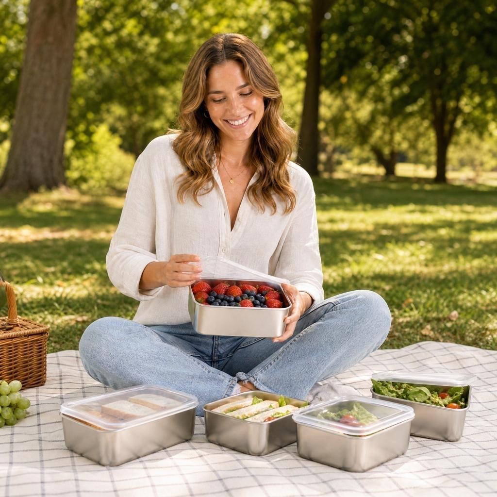 Food Grade Stainless Food Storage Containers with Rectangular Bento Lunch Box for Picnic, Meal Prep and Fridge Organization