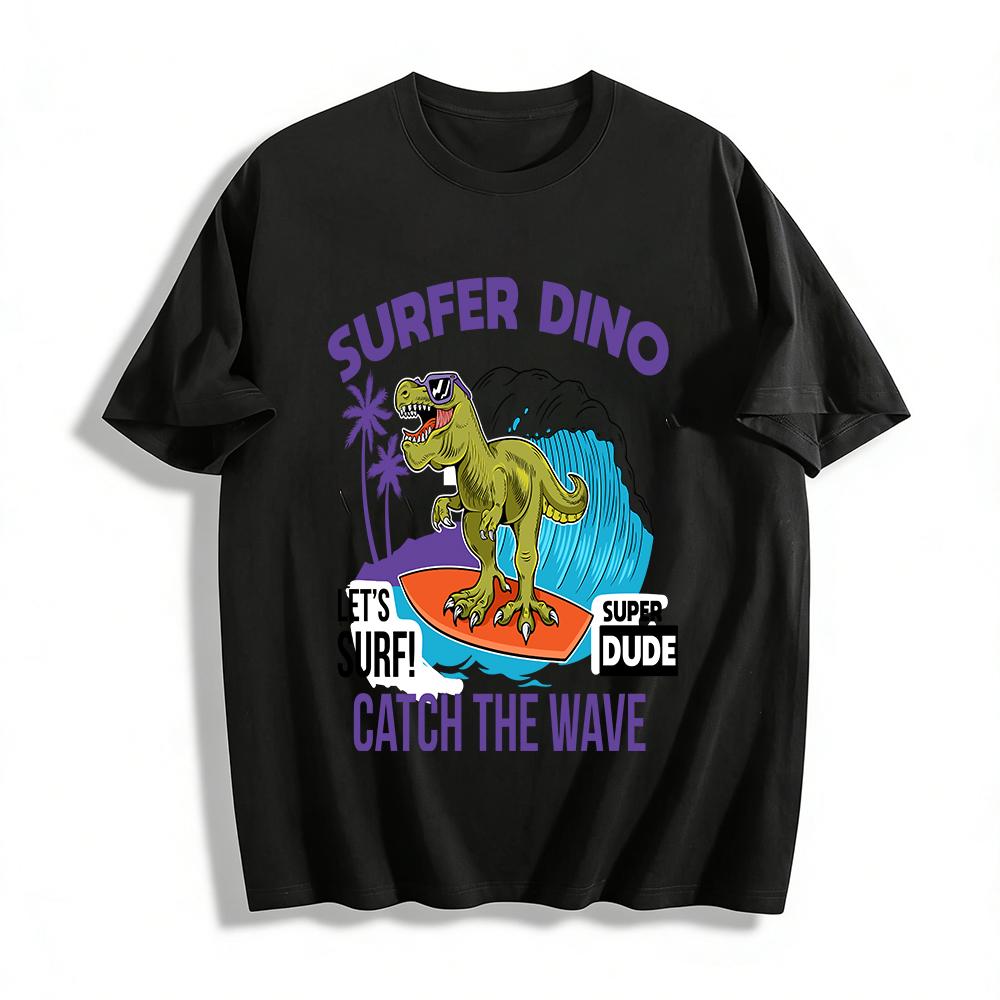 Surfer Dino Catch The Wave Print Casual Summer Surfing T-Shirt Pure cotton T-shirt XXS