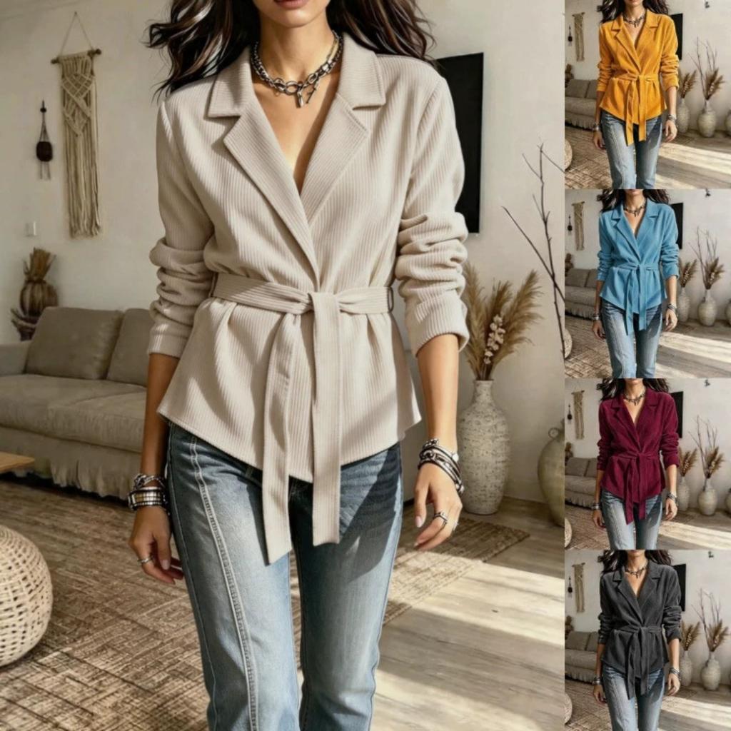 Autumn Winter Women's Corduroy Blazer Collar Solid Color Long Sleeve Coat With Belt, Casual Outerwear For Women