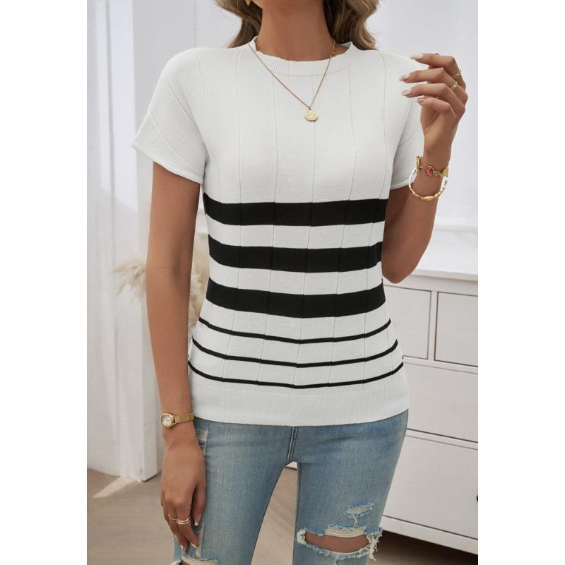 Top with spring temperament slim striped short-sleeved sweater