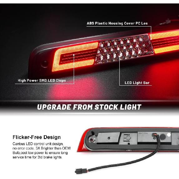 RAM 1500 LED 3Rd Brake Light For 2024 2025 RAM 1500 Rebel HFE Laramie Red Lens Third High Mount Stop Brake Lamps White LED Rear Center Roof
