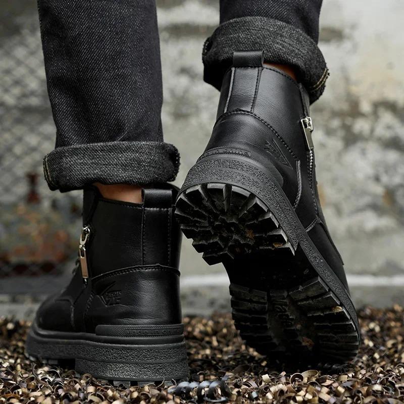 New 2024 Fashion Black Leather Men Work Safety Boots Zip Ankle Indestructible Steel Toe Cap Anti Smashing Shoes Male Footwear