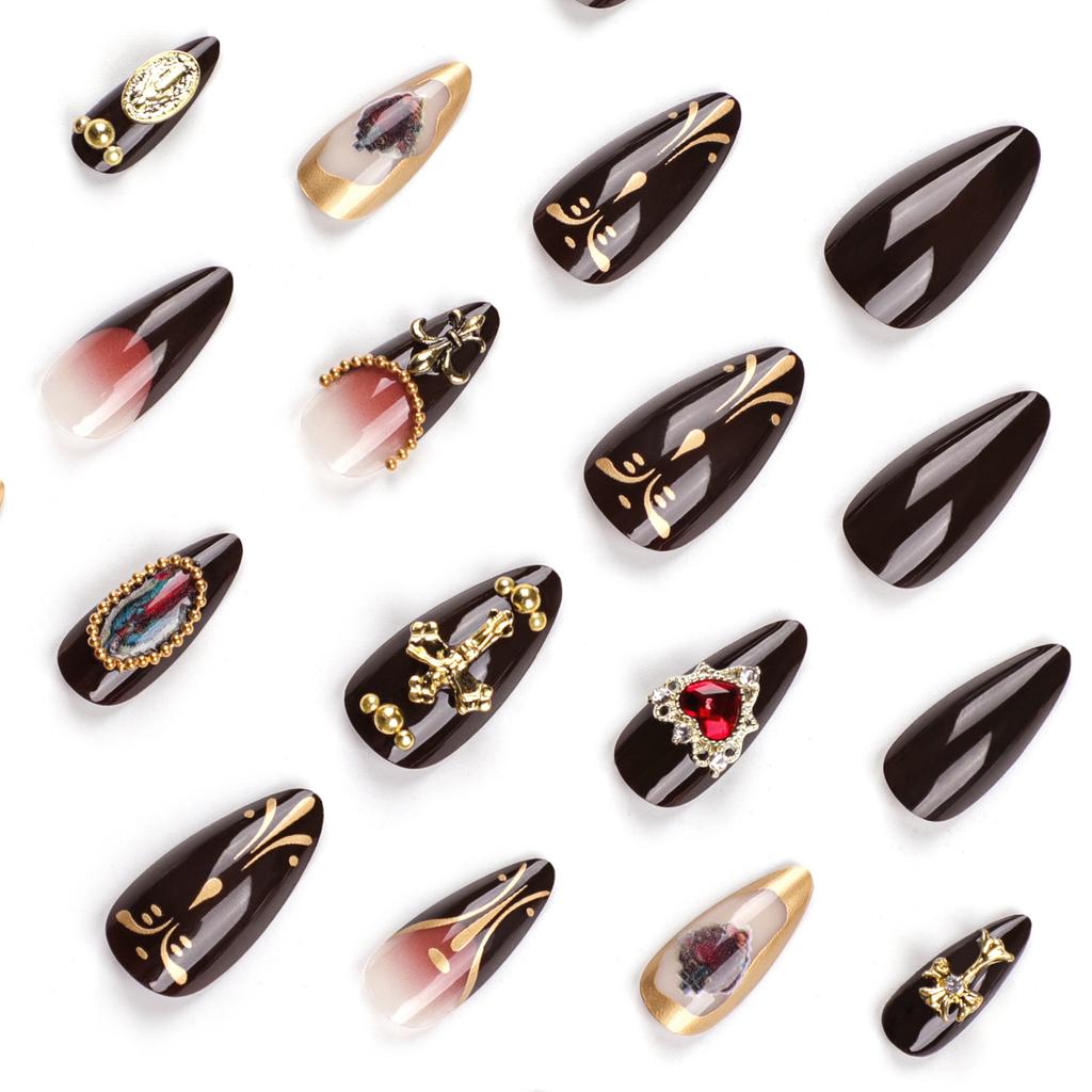 24 Pieces Europe and The United States Wear Nail Relief Cross Manicure Virgin Portrait Manicure Piece Love Gem Dark Brown Nail Piece