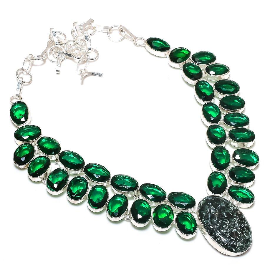 Natural Indian Moss Agate, Diopside 925 Sterling Silver Necklace 18" j9O77