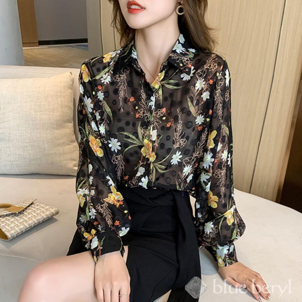 Bluse aus blauem Beryll-Chiffon mit Blumendruck und Tupfen, Puffärmel lang, Standard locker, Damenmuster, Ärmel, Ärmel, Durchsichtig, Farbe, Passform, BB068-BK-XL