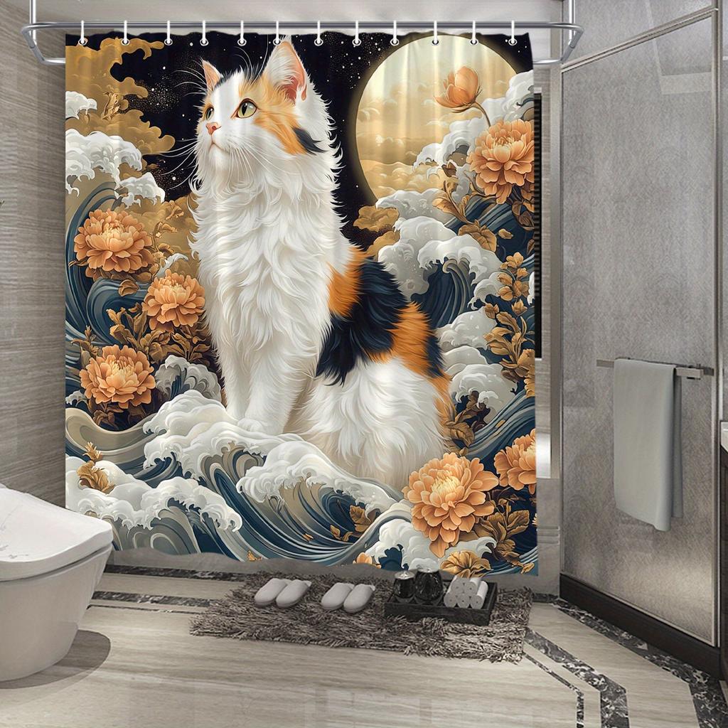Calico Cat with Floral Waves Waterproof Shower Curtain for Modern Bathroom Decor, Stylish and Durable, Perfect for Home Use