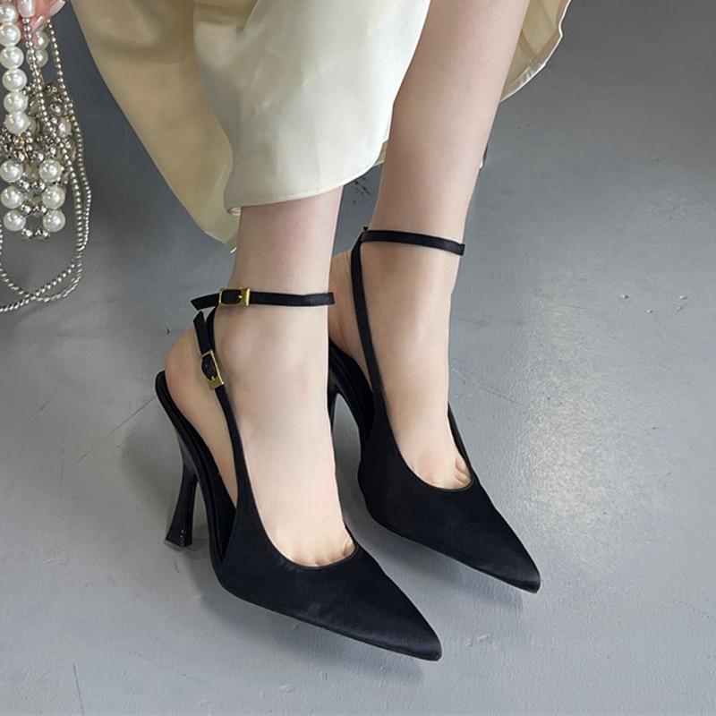 Pointed Sandals Autumn New Women's Shoes Burgundy Silk Satin Thin Heel Bag Head Empty Heel Women's High Heels