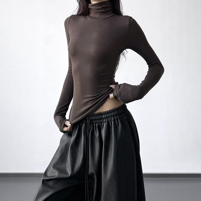 

Women s Deep Coffee High Neck Drop Shoulder T-shirt - 2025 Winter Collection, Warm Base Layer, Simple High-End Style Small коричневий