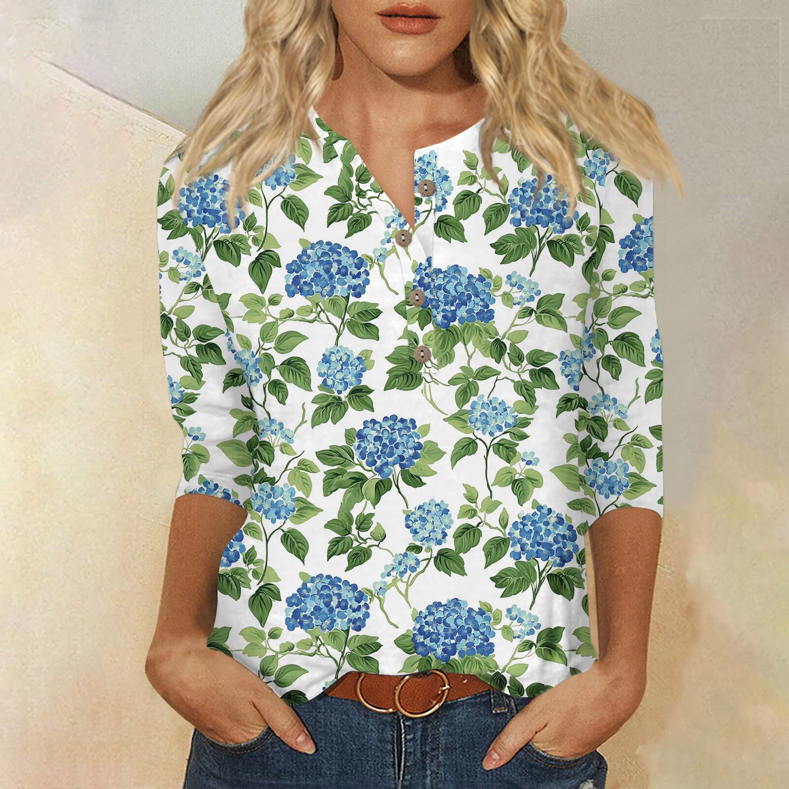 

Женский свободный повседневный топ с рукавом семь четвертей и цветочным принтом с круглым вырезом на пуговицах XXL синий