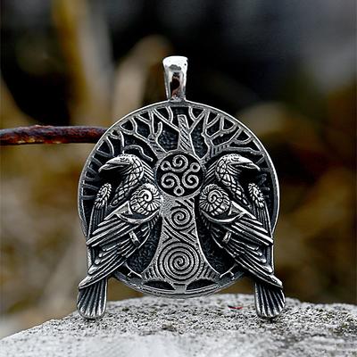 Collana Vikinga Vintage di Odino con Corvi Doppi in Acciaio Inossidabile Ciondolo Albero della Vita Nordico per Uomo Gioielli Amuleto