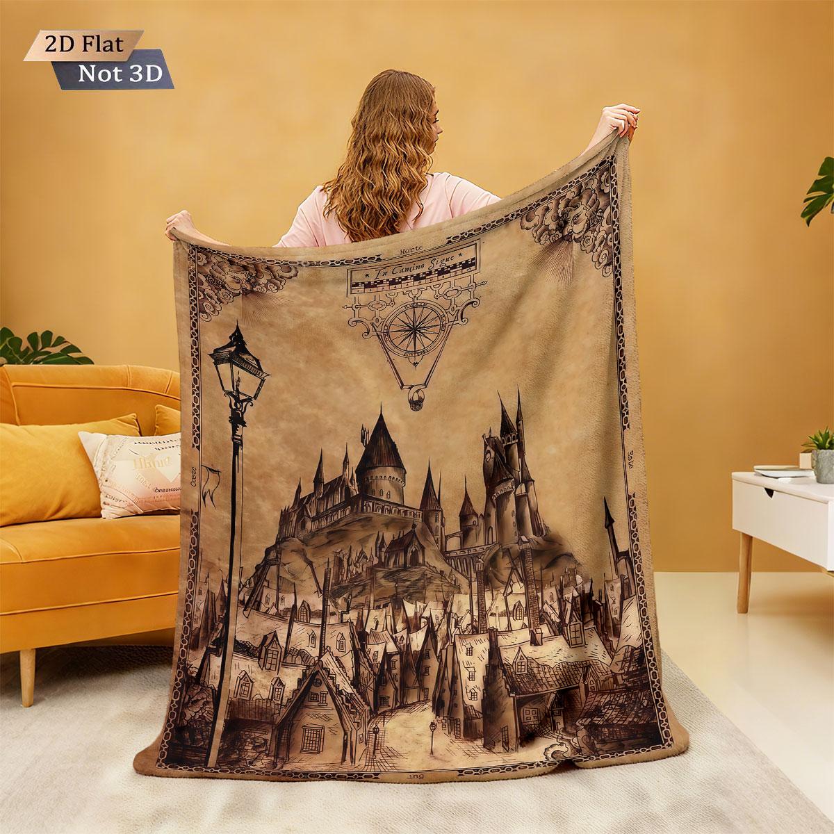 

1pc Ancient World Castle Town Printed Flannel Blanket in Multiple Sizes Soft and Comfortable Casual Napping Cover Carpet 75x100cm (30x40inch)