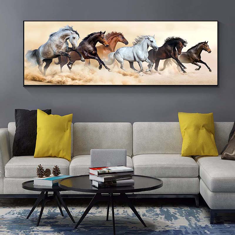 

Современные шесть бегущих черных и золотых лошадей, животных, холст, живопись, постеры и принты, настенная картина для декора гостиной, без рамки 20*40cm
