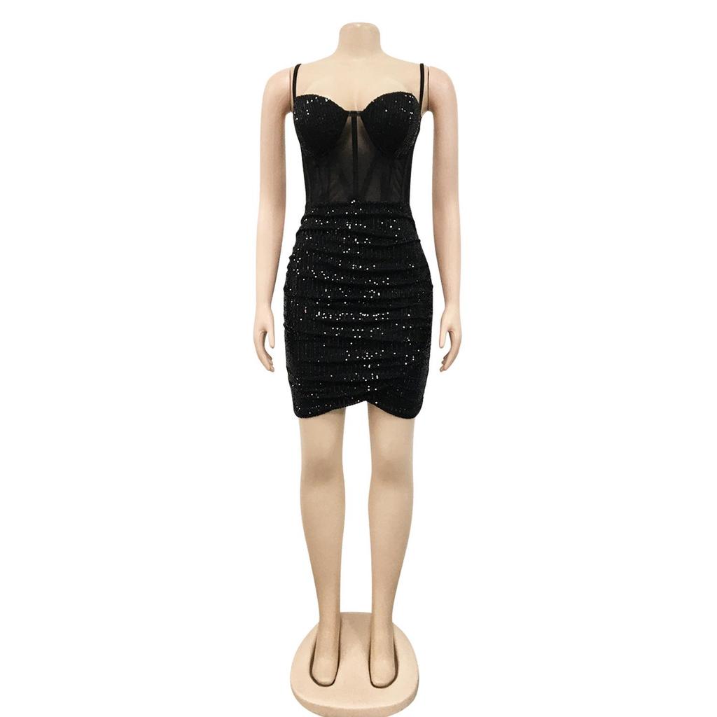 X5308 Solid Color Sequin Women's Sexy See-through Camisole Bustier Dress