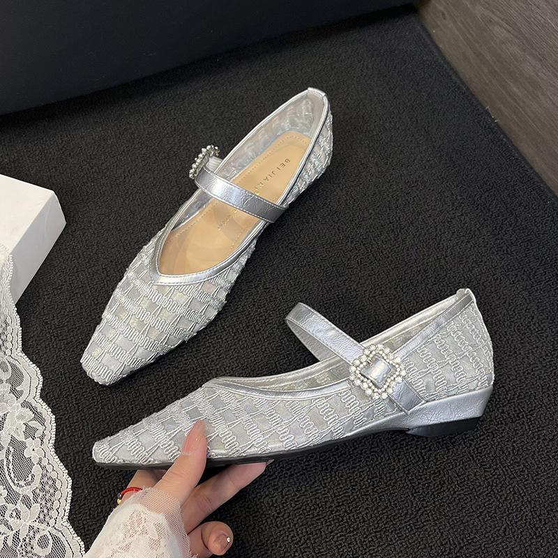 

Тканые универсальные туфли Мэри Джейн с надписью, женские туфли на танкетке, с маленьким квадратным носком, на плоской подошве, в сказочном стиле 39 серебряный