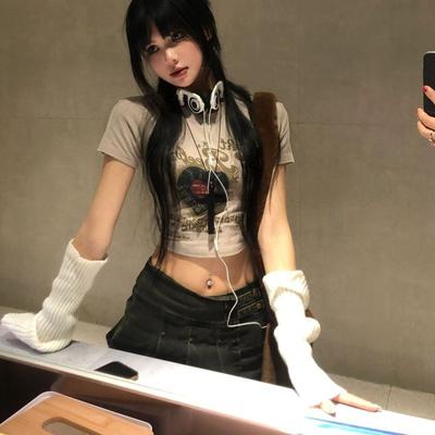 Kız Çocuk Kısa Kollu Y2K Tişörtler Günlük Sokak Giyim Moda Kadın Tişörtleri
