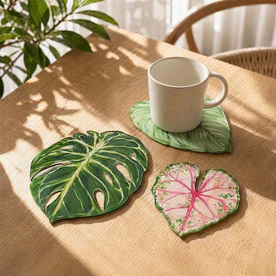 Acrylic Tropical Plant Coasters, Heat Resistant Non-Slip Drink Coasters, Easy Clean Leaf Shaped Pads for Coffee Table Desk Decor, Home Gift