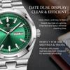 1pcs Fashion Simple Men's Watch Silver Metal Strap Green Dial Day Date Display Business Casual Versatile