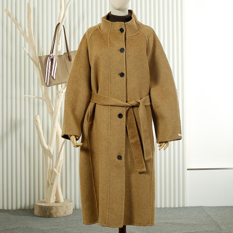New autumn and winter solid color stand-up collar wool double-sided woolen coat medium and long lace-up thin wool coat women's coat
