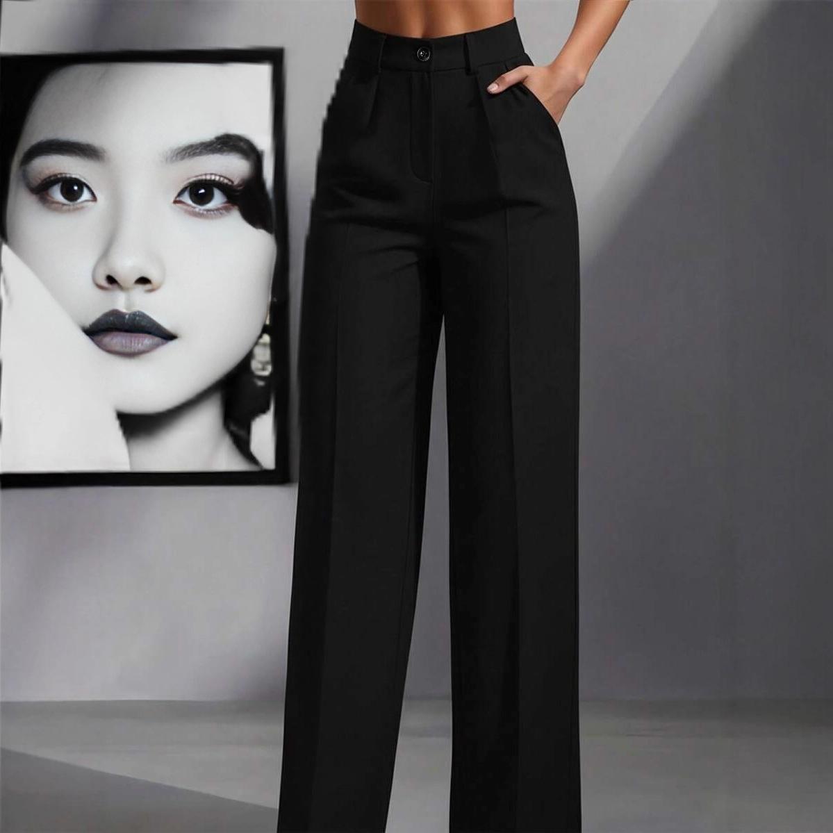 

European and American Cross-border Spring and Autumn Fashion Solid Color Casual High-waist Loose Work Trousers with Pockets 3XL чорний