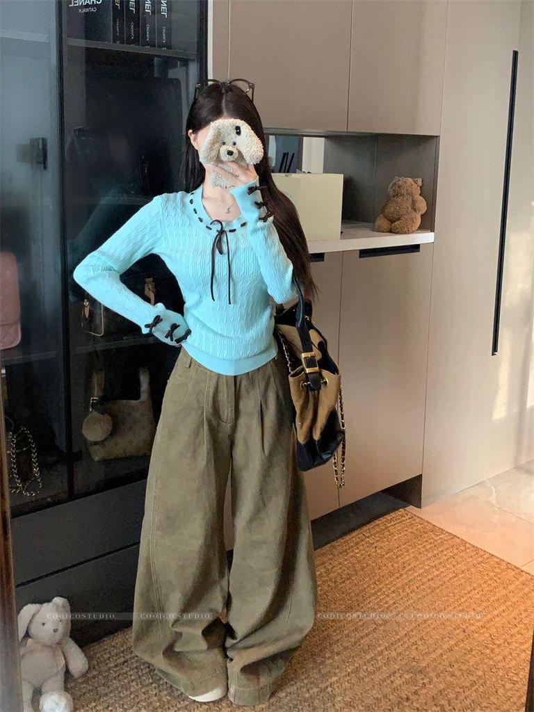 Korean Academy Bow Tie Lace-up Long Sleeve Knitwear: Women's Slimming Base Layer Sweater for 2025 Autumn/Winter